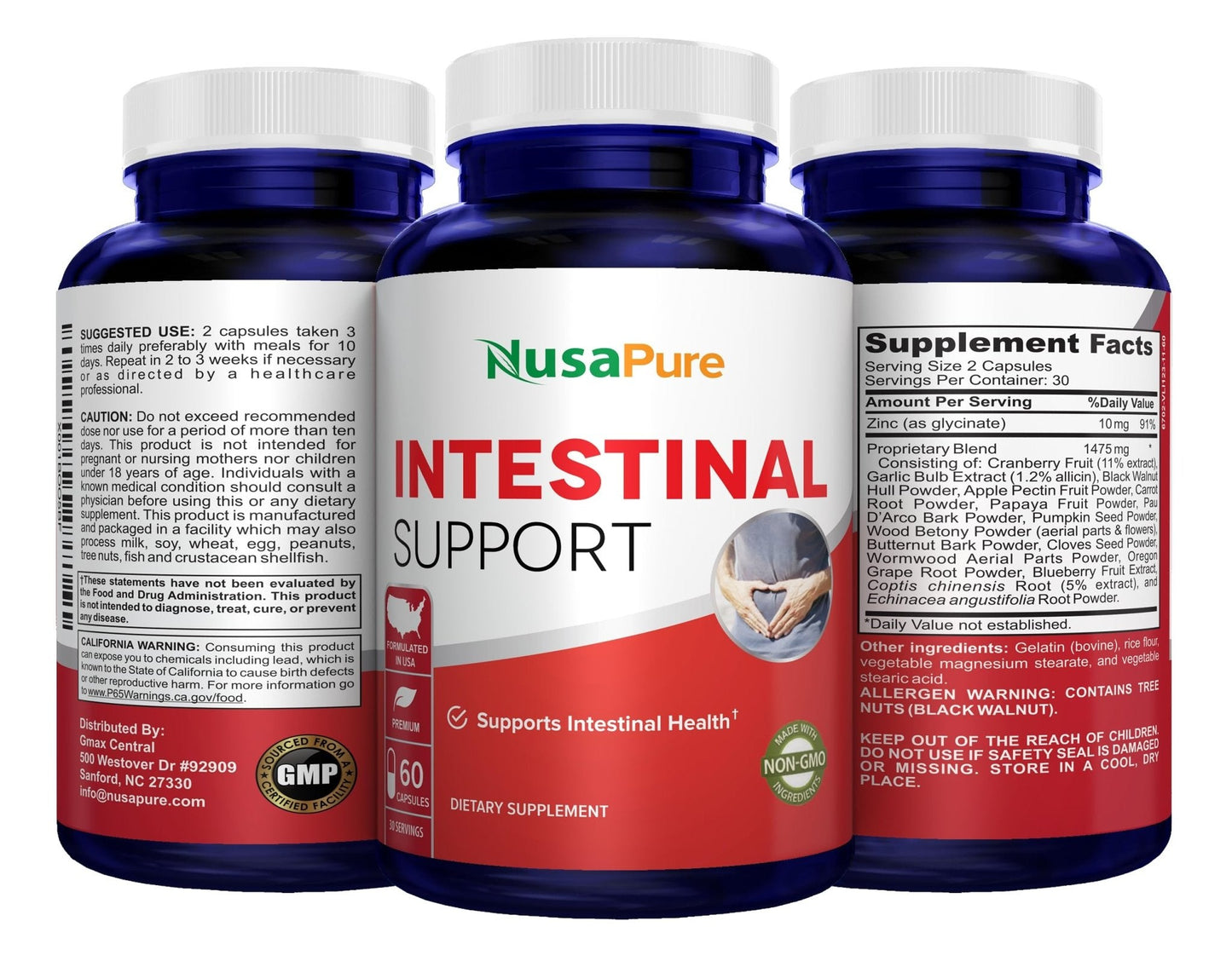 NusaPure Intestinal Support for Humans (Non-GMO), Wormwood, Garlic, Black Walnut Hull, 60 Capsules - Maple Wellness Supplements