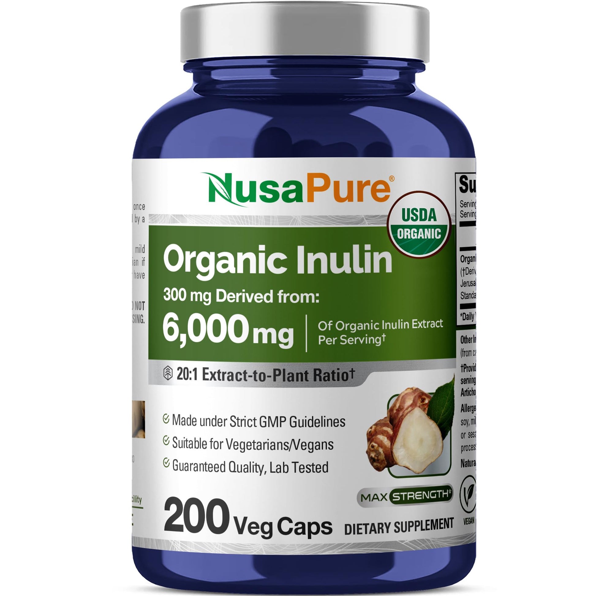 NusaPure Inulin Powder 20:1 Extract, 300 mg Equivalent to 6,000mg | 200 Veg Capsules |USDA Organic Suitable for Vegetarians, Vegan, Non-GMO Supplement - Maple Wellness Supplements