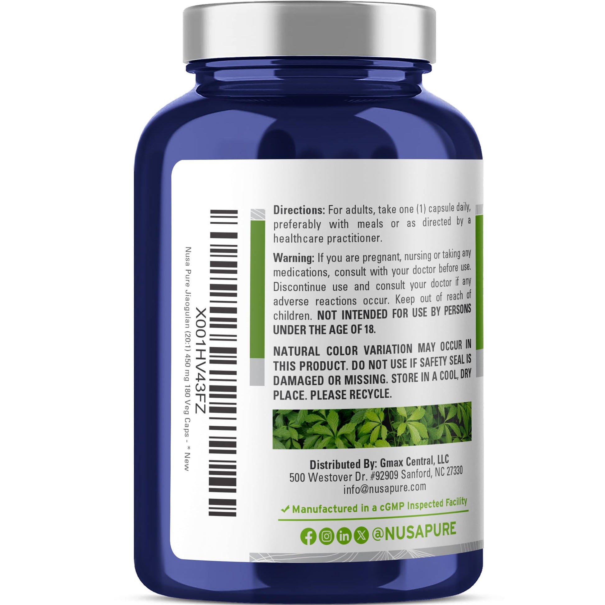 NusaPure Jiaogulan 20:1 Extract, 450 mg Equivalent to 9,000mg 180 Veggie Capsules (Vegetarian, Non-GMO, Vegan) Gynostemma Pentaphyllum - Maple Wellness Supplements