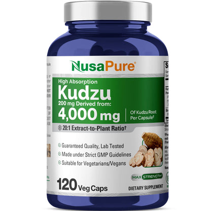NusaPure Kudzu Root 20:1 Extract, 200 mg Equivalent to 4,000mg - 120 Veggie Capsules (Non-GMO, Vegan, Bioperine) - Maple Wellness Supplements