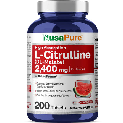 NusaPure L-Citrulline 2,400mg 200 Vegetarian Tablets (Non-GMO, Gluten Free, 100-Day Supply, Bioperine) - Maple Wellness Supplements