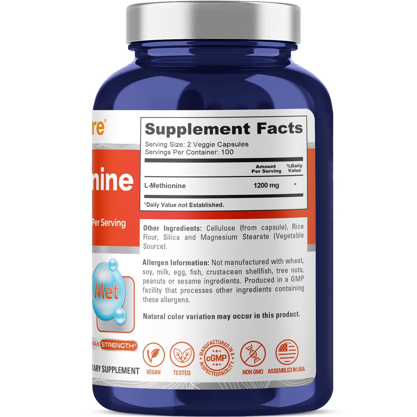 NusaPure L Methionine 1200mg | 200 Capsules | Non-GMO | Vegan Supplement - Maple Wellness Supplements