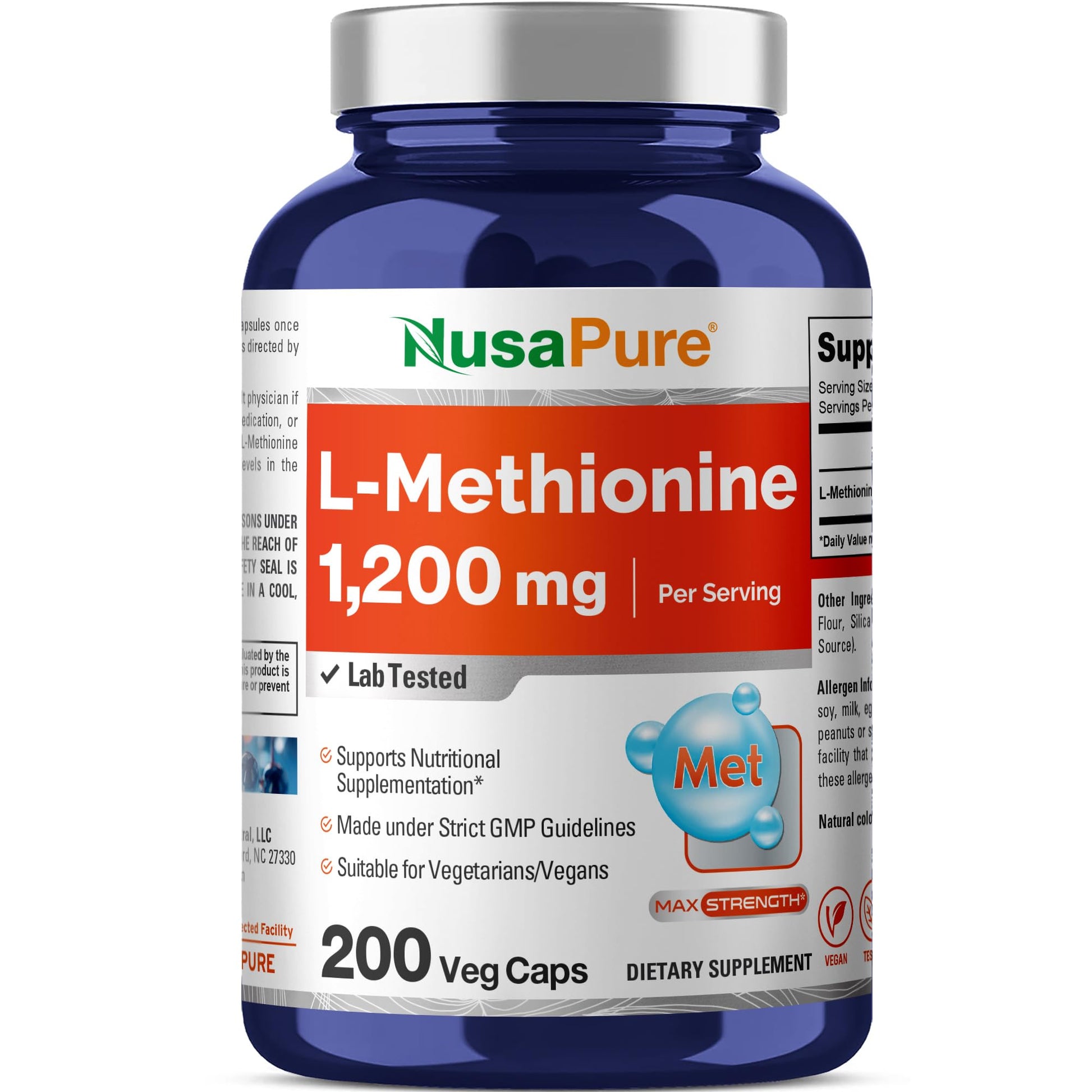 NusaPure L Methionine 1200mg | 200 Capsules | Non-GMO | Vegan Supplement - Maple Wellness Supplements