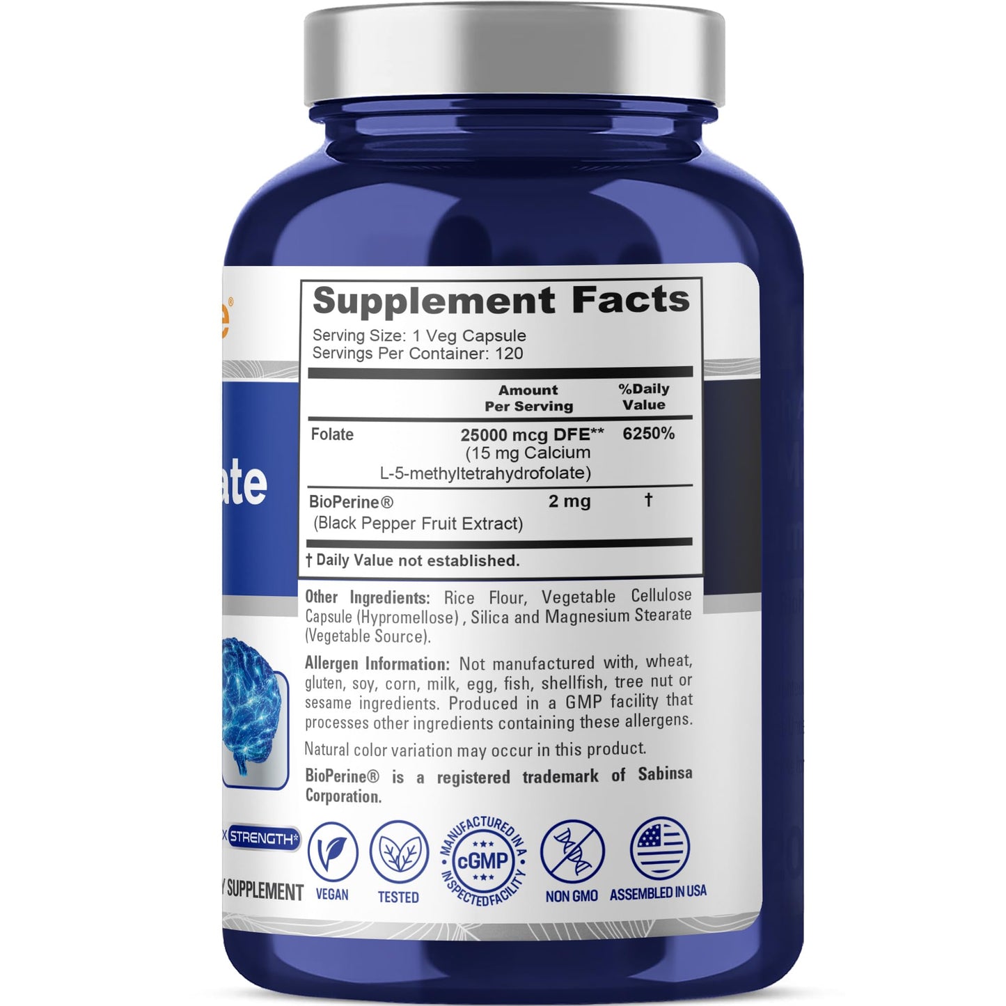 NusaPure L Methylfolate 15mg, 120 Veggie Capsules, Bioperine & Vegan - Maple Wellness Supplements