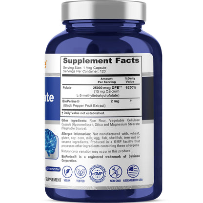 NusaPure L Methylfolate 15mg, 120 Veggie Capsules, Bioperine & Vegan - Maple Wellness Supplements