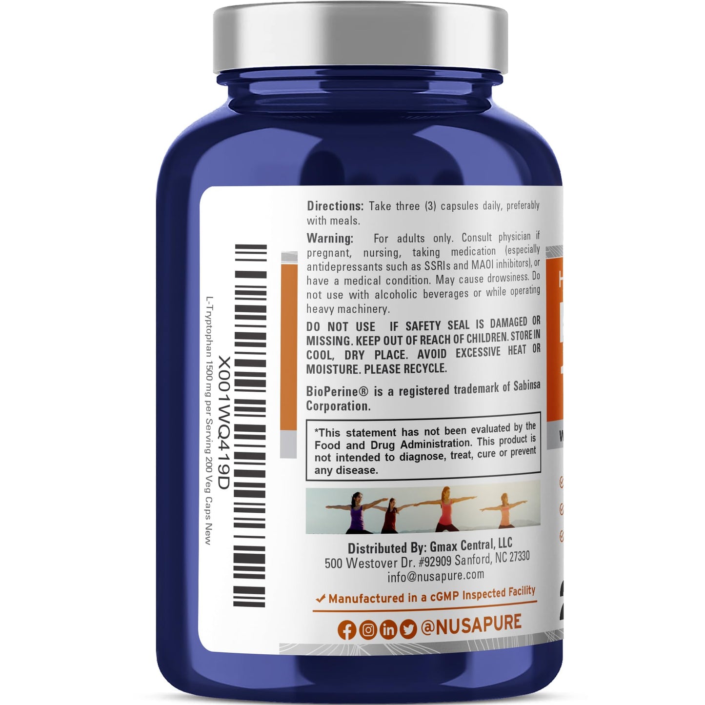 NusaPure L-Tryptophan - Suitable for Vegetarian/Vegan, Non - GMO - 1500mg 200 Capsules - Maple Wellness Supplements