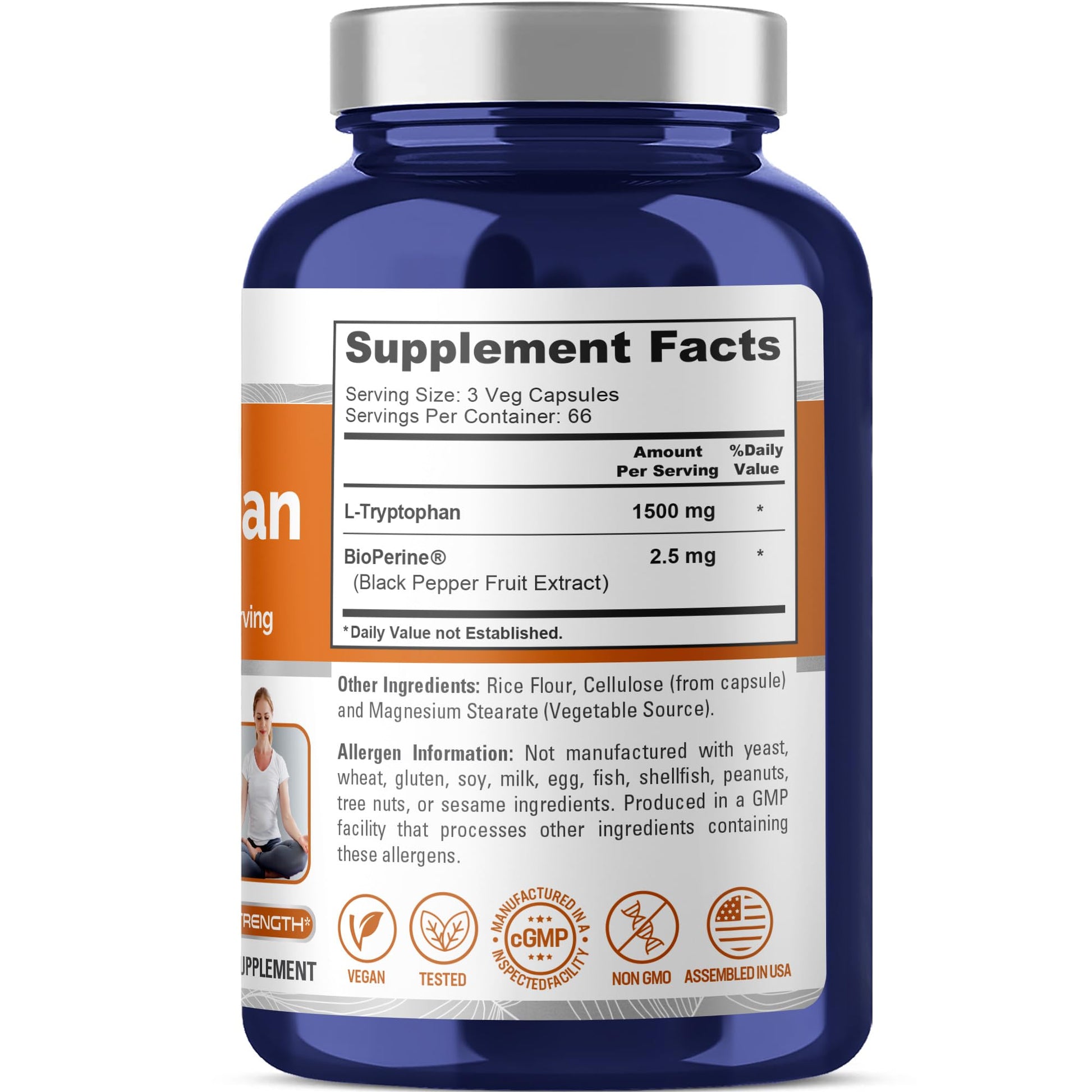 NusaPure L-Tryptophan - Suitable for Vegetarian/Vegan, Non - GMO - 1500mg 200 Capsules - Maple Wellness Supplements