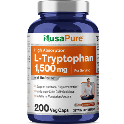 NusaPure L-Tryptophan - Suitable for Vegetarian/Vegan, Non - GMO - 1500mg 200 Capsules - Maple Wellness Supplements