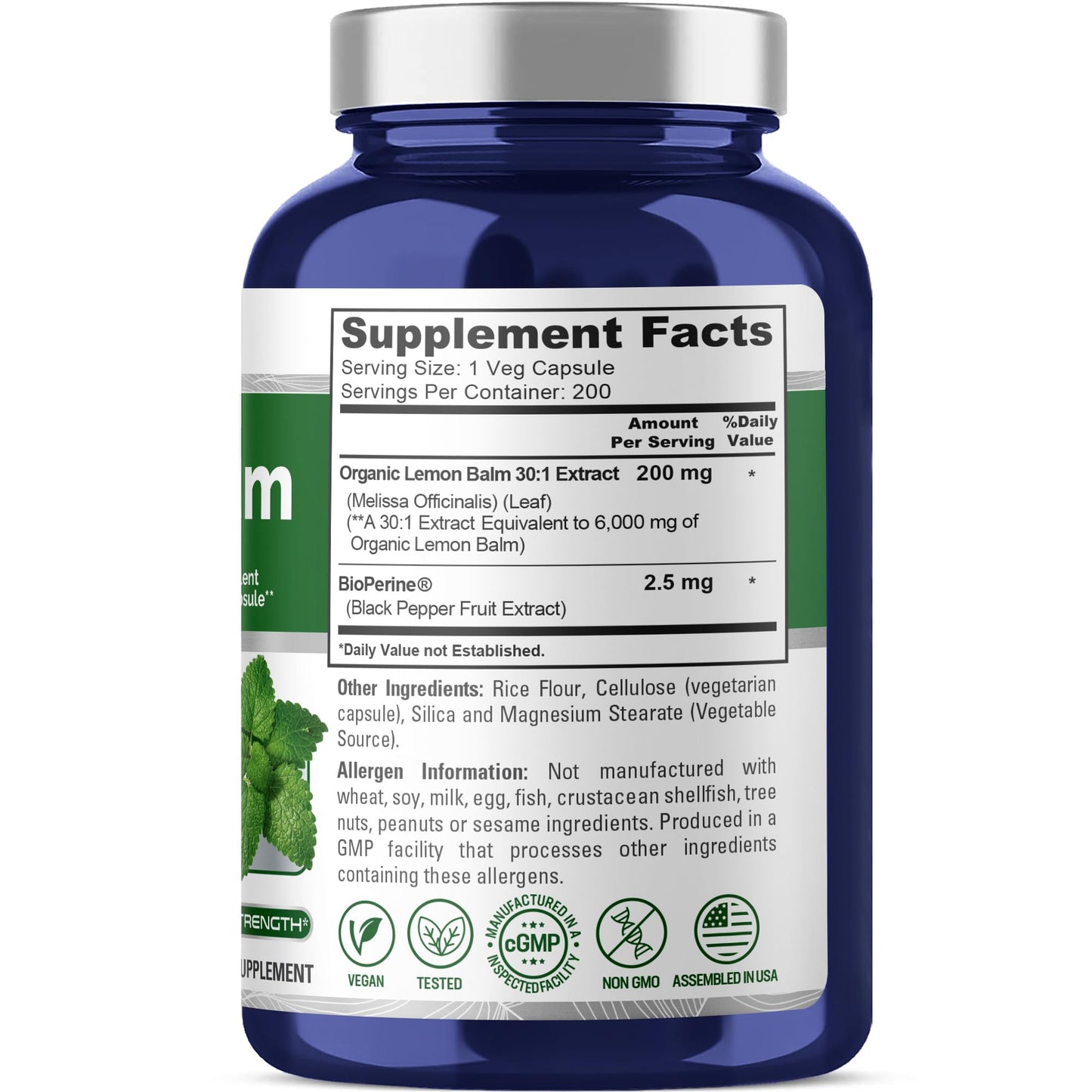 NusaPure Lemon Balm 30:1 Extract, 200 mg Equivalent to 6000mg Per Vegan Caps - 200 Count Non-GMO, Vegan Bioperine - Maple Wellness Supplements