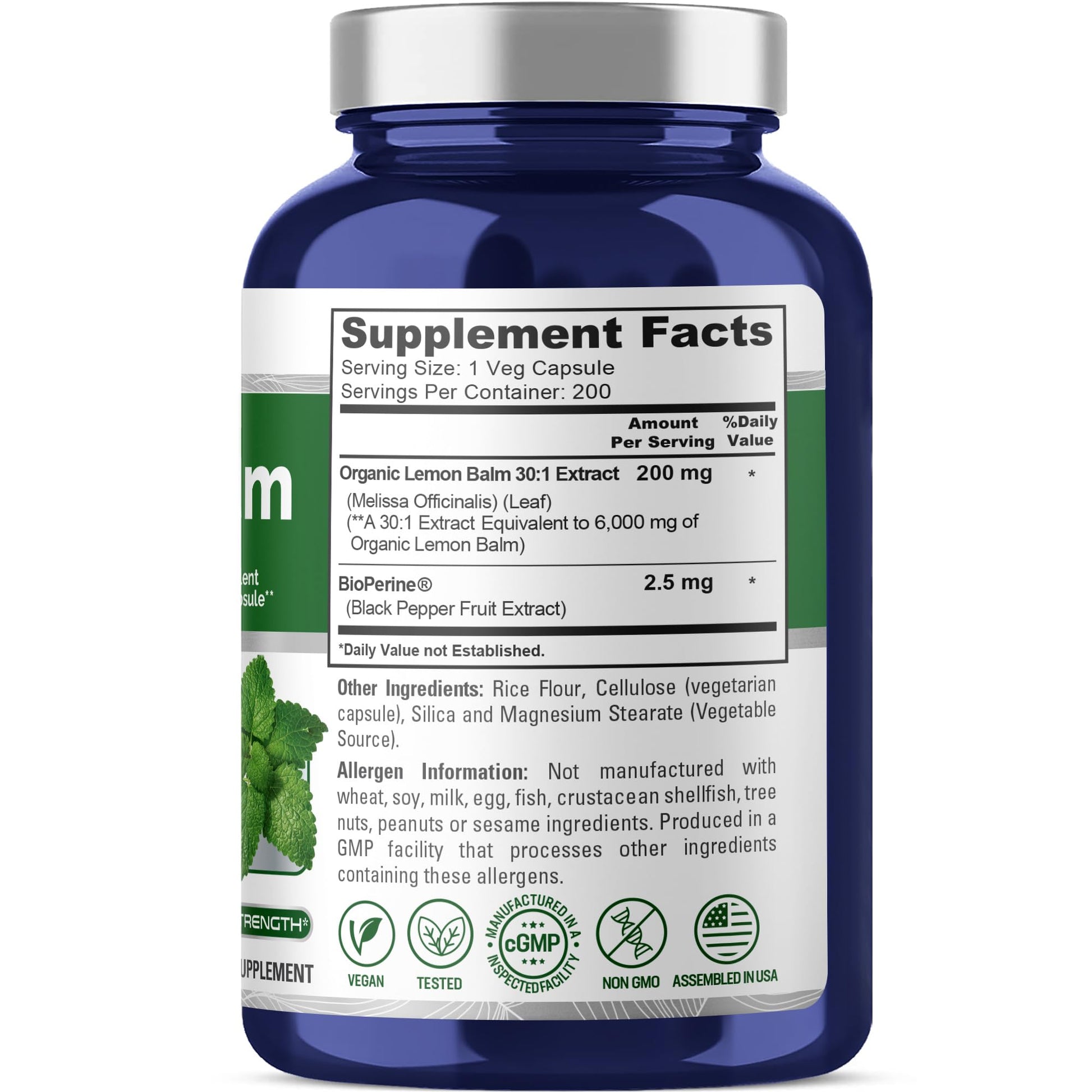 NusaPure Lemon Balm 30:1 Extract, 200 mg Equivalent to 6000mg Per Vegan Caps - 200 Count Non-GMO, Vegan Bioperine - Maple Wellness Supplements