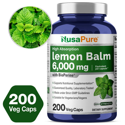 NusaPure Lemon Balm 30:1 Extract, 200 mg Equivalent to 6000mg Per Vegan Caps - 200 Count Non-GMO, Vegan Bioperine - Maple Wellness Supplements