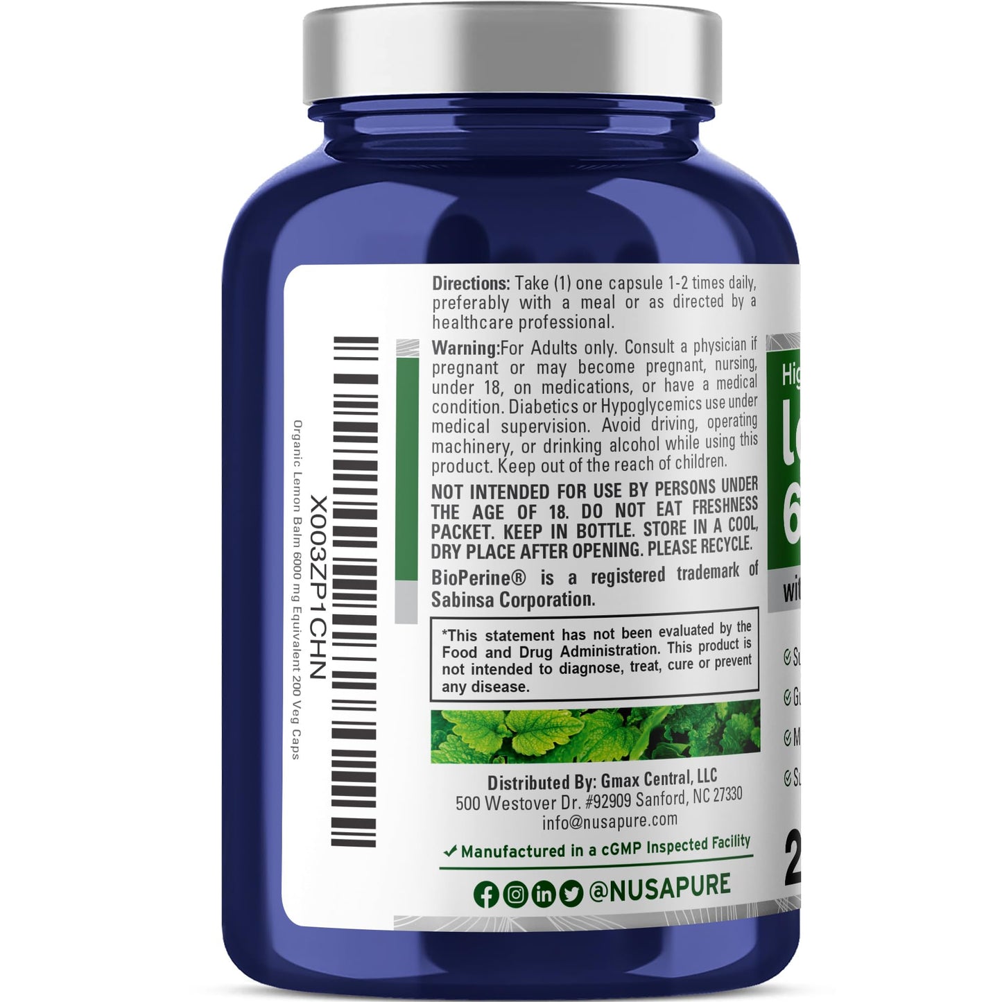 NusaPure Lemon Balm 30:1 Extract, 200 mg Equivalent to 6000mg Per Vegan Caps - 200 Count Non-GMO, Vegan Bioperine - Maple Wellness Supplements
