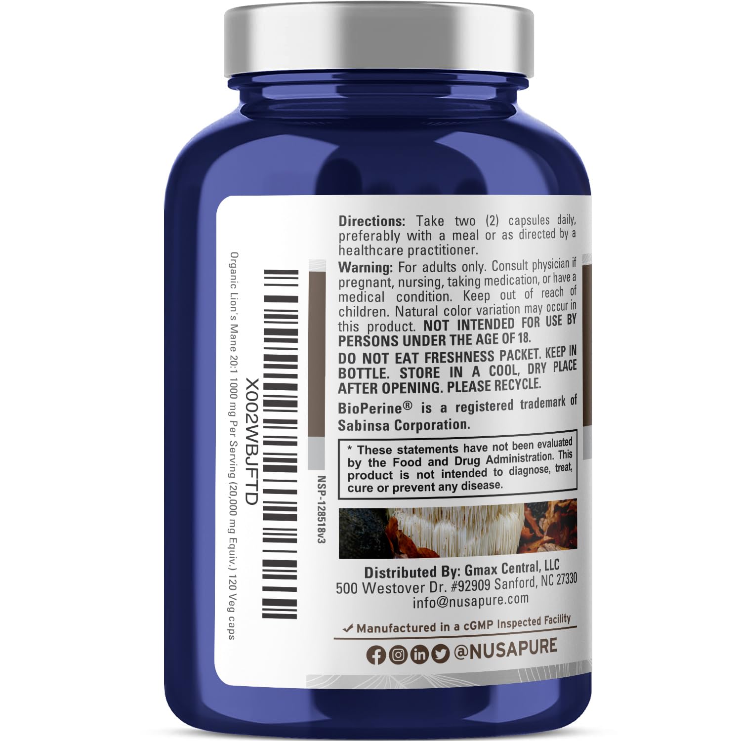 NusaPure Lions Mane 20:1 Extract (20,000 mg Equivalent) - Made with Organic Lion`s Mane, Bioperine - 30% Polysaccharides - 120 Veggie Caps. Non-GMO, Gluten Free - Maple Wellness Supplements