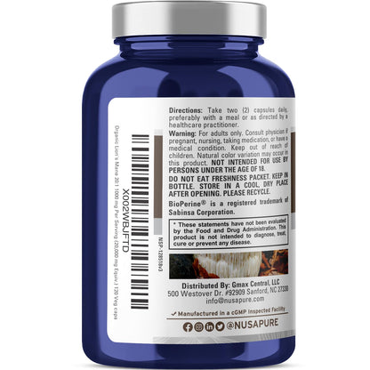 NusaPure Lions Mane 20:1 Extract (20,000 mg Equivalent) - Made with Organic Lion`s Mane, Bioperine - 30% Polysaccharides - 120 Veggie Caps. Non-GMO, Gluten Free - Maple Wellness Supplements