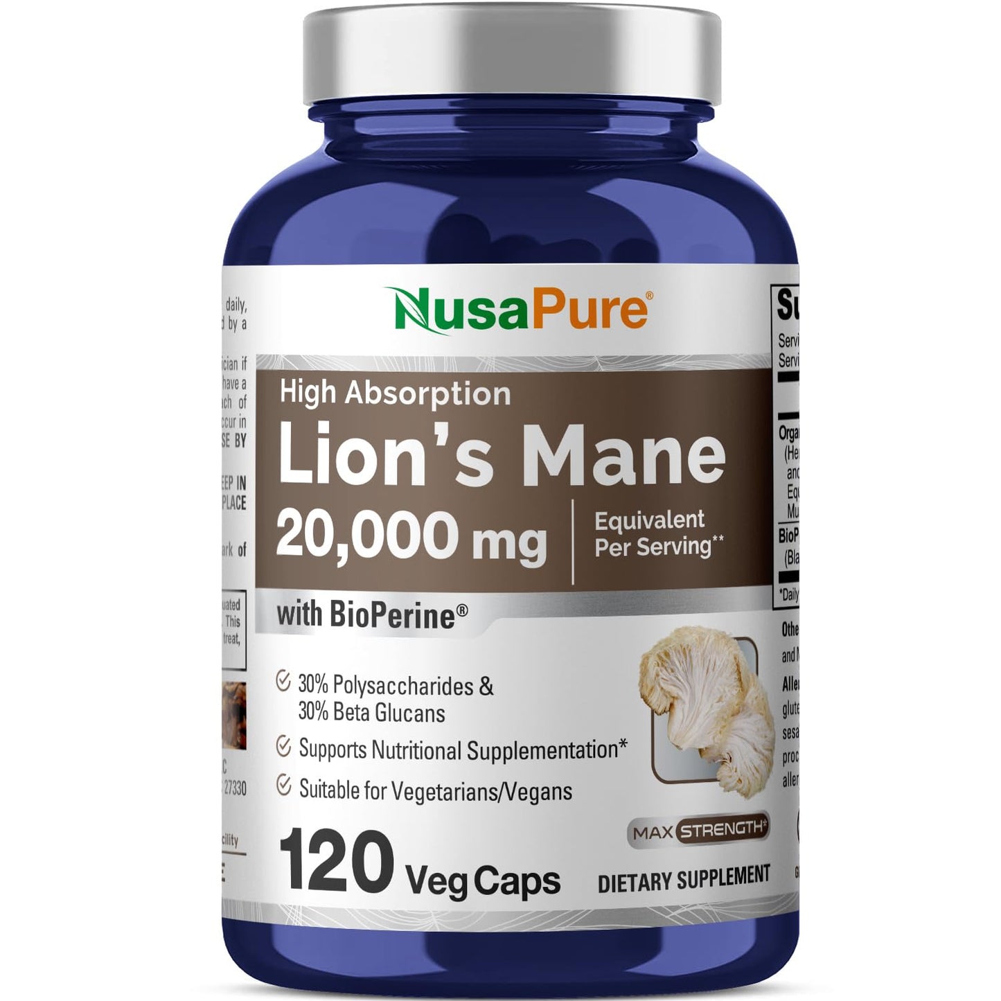 NusaPure Lions Mane 20:1 Extract (20,000 mg Equivalent) - Made with Organic Lion`s Mane, Bioperine - 30% Polysaccharides - 120 Veggie Caps. Non-GMO, Gluten Free - Maple Wellness Supplements