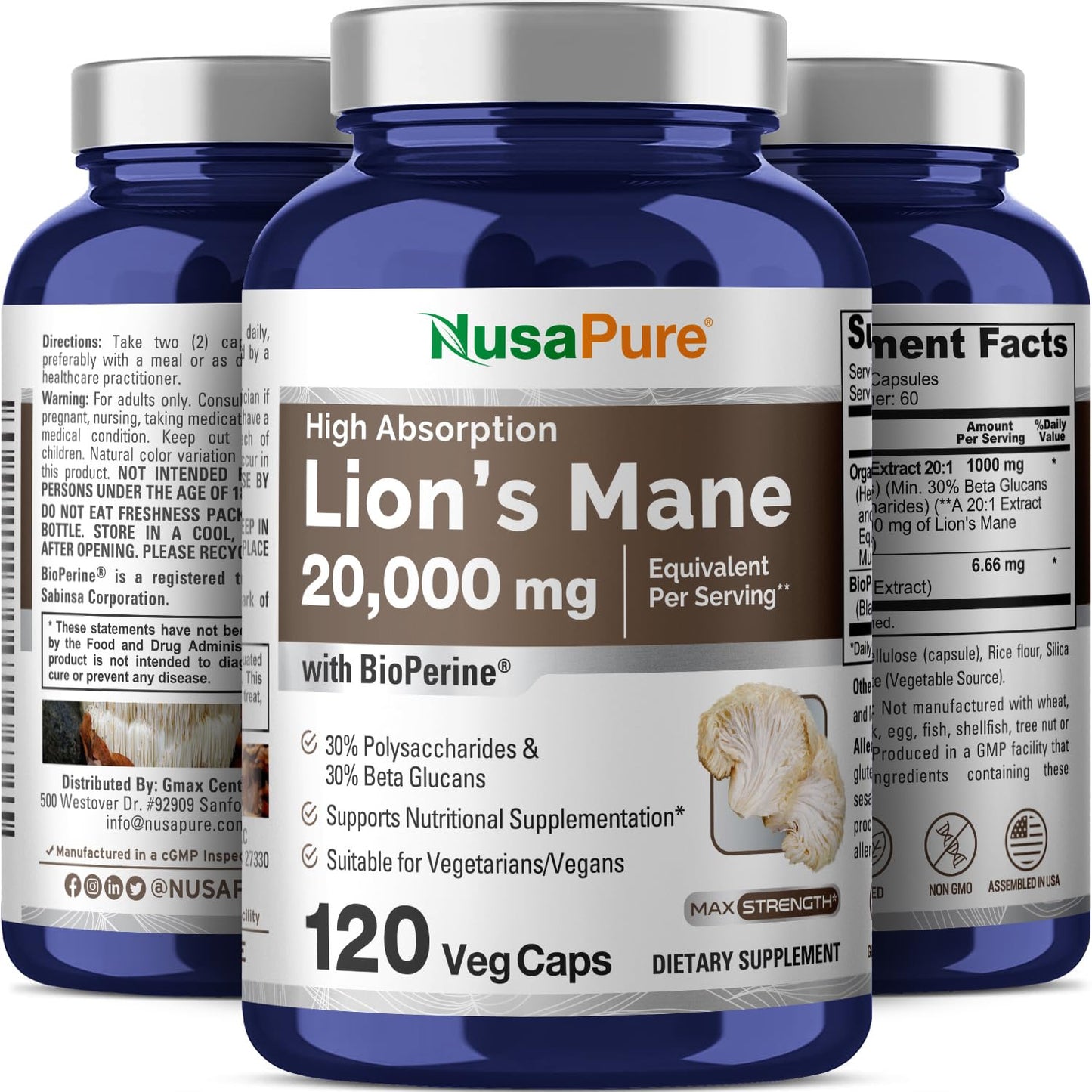 NusaPure Lions Mane 20:1 Extract (20,000 mg Equivalent) - Made with Organic Lion`s Mane, Bioperine - 30% Polysaccharides - 120 Veggie Caps. Non-GMO, Gluten Free - Maple Wellness Supplements