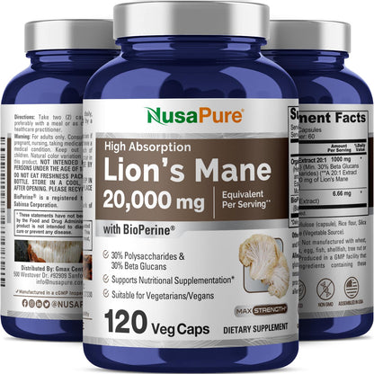 NusaPure Lions Mane 20:1 Extract (20,000 mg Equivalent) - Made with Organic Lion`s Mane, Bioperine - 30% Polysaccharides - 120 Veggie Caps. Non-GMO, Gluten Free - Maple Wellness Supplements