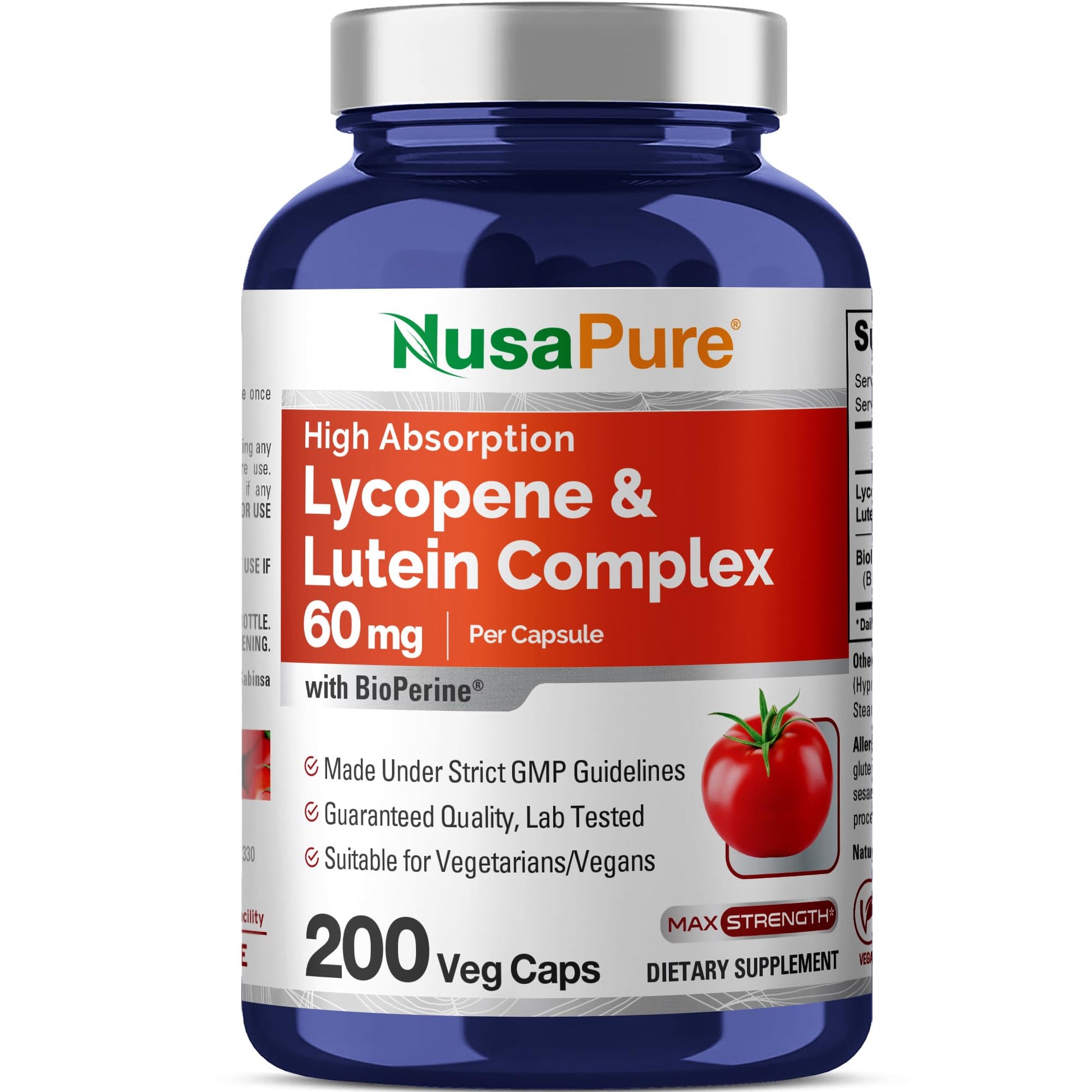 NusaPure Lycopene & Lutein Complex 60mg per Caps, 200 Veggie Capsules (Non-GMO, Vegan) - Maple Wellness Supplements