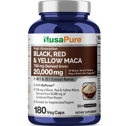 NusaPure Maca Root Black, Red, Yellow 20,000mg - 180 Vegan Capsules (Vegan,Non-GMO, Gluten Free) Bioperine - Maple Wellness Supplements