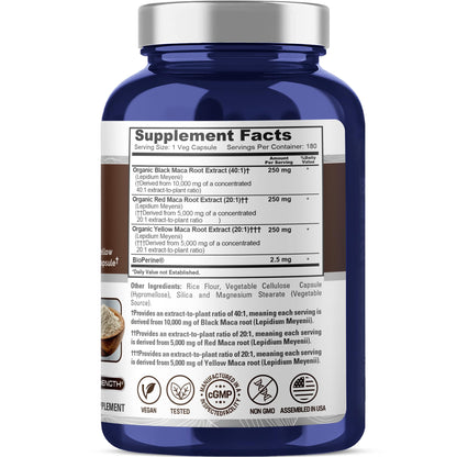 NusaPure Maca Root Black, Red, Yellow 20,000mg - 180 Vegan Capsules (Vegan,Non-GMO, Gluten Free) Bioperine - Maple Wellness Supplements