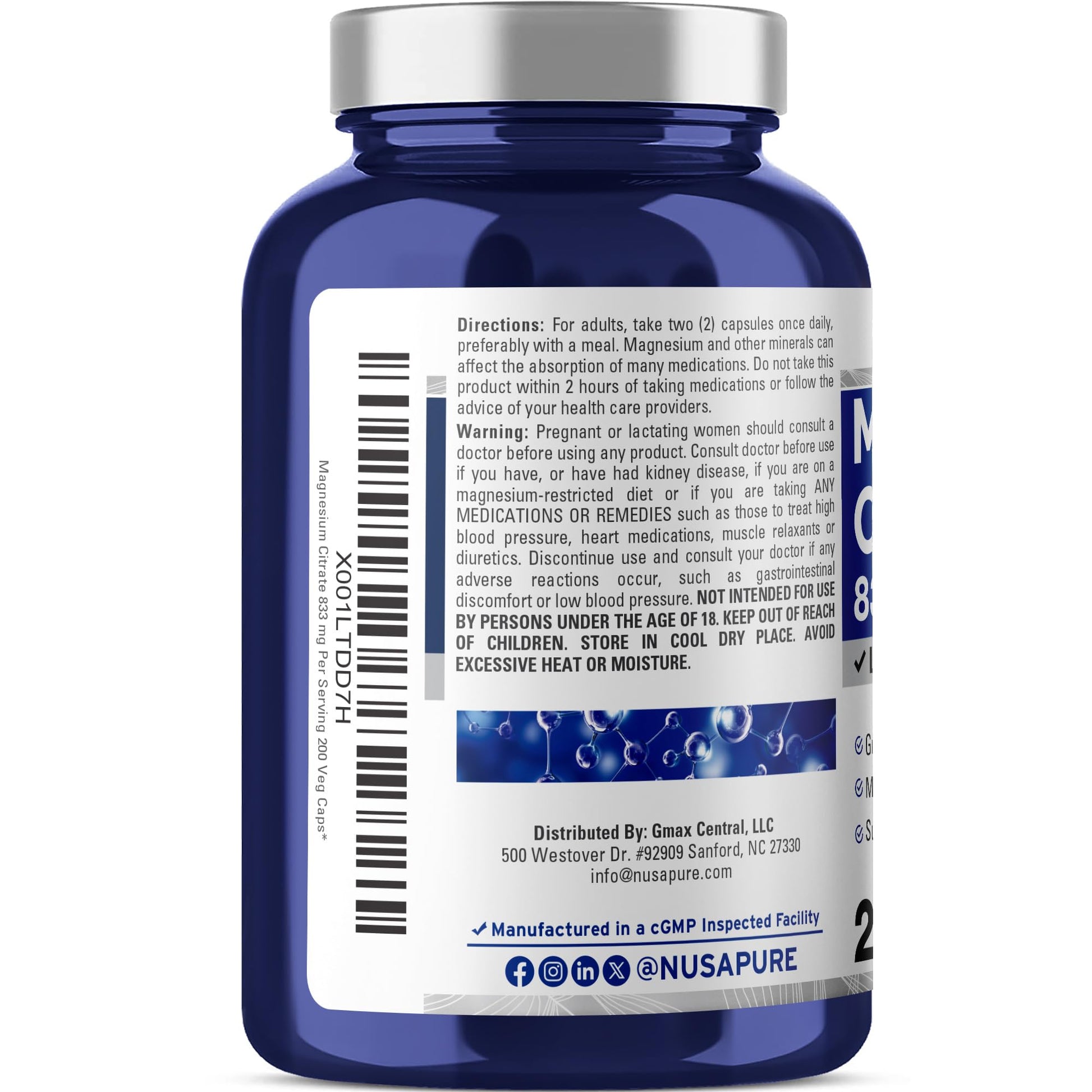 NusaPure Magnesium Citrate 833mg - 200 Veggie Capsules (Vegetarian, Non-GMO, Vegan) - Maple Wellness Supplements