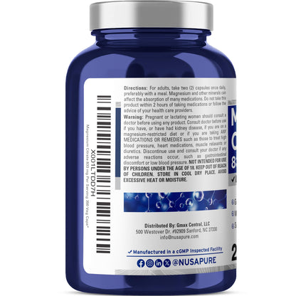 NusaPure Magnesium Citrate 833mg - 200 Veggie Capsules (Vegetarian, Non-GMO, Vegan) - Maple Wellness Supplements