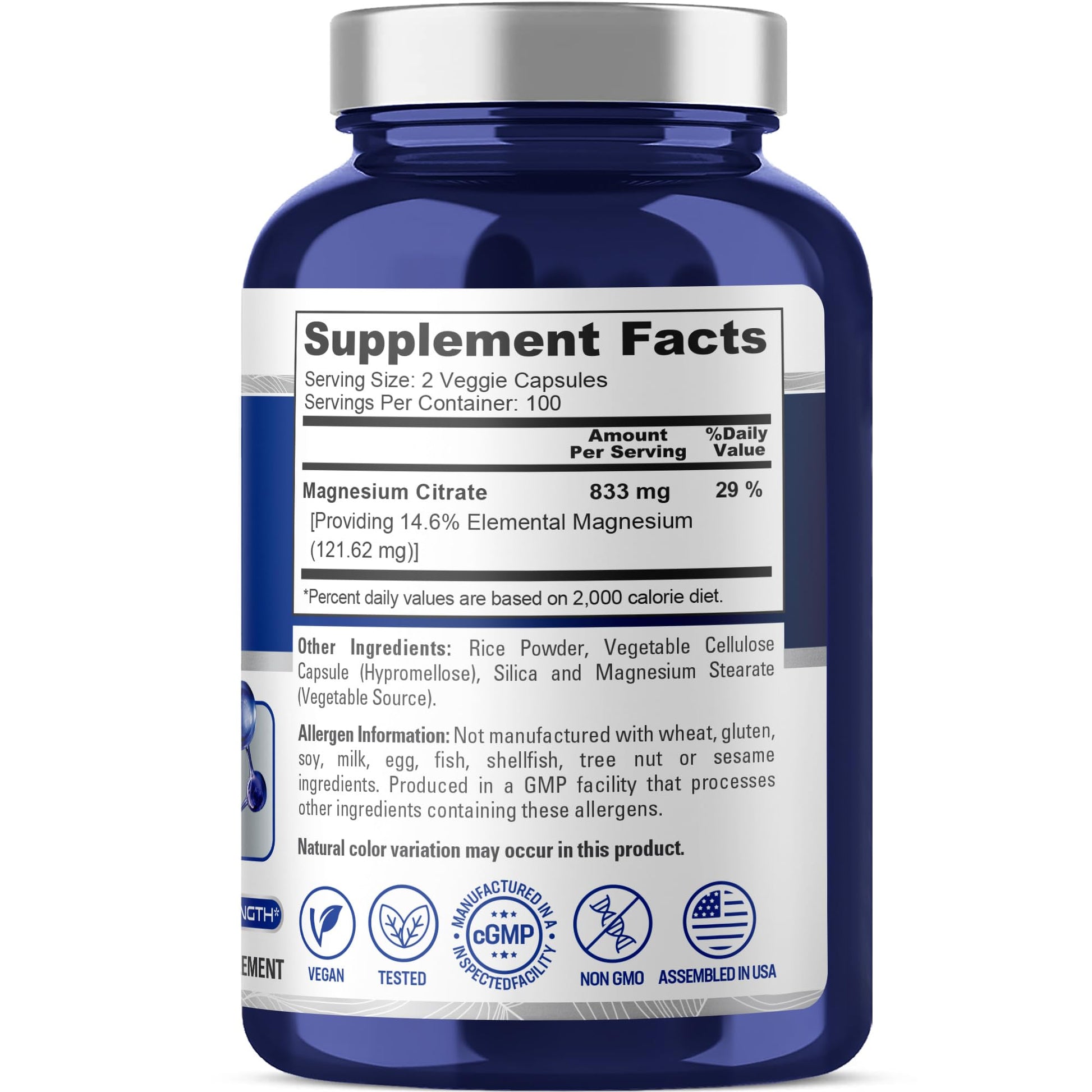 NusaPure Magnesium Citrate 833mg - 200 Veggie Capsules (Vegetarian, Non-GMO, Vegan) - Maple Wellness Supplements