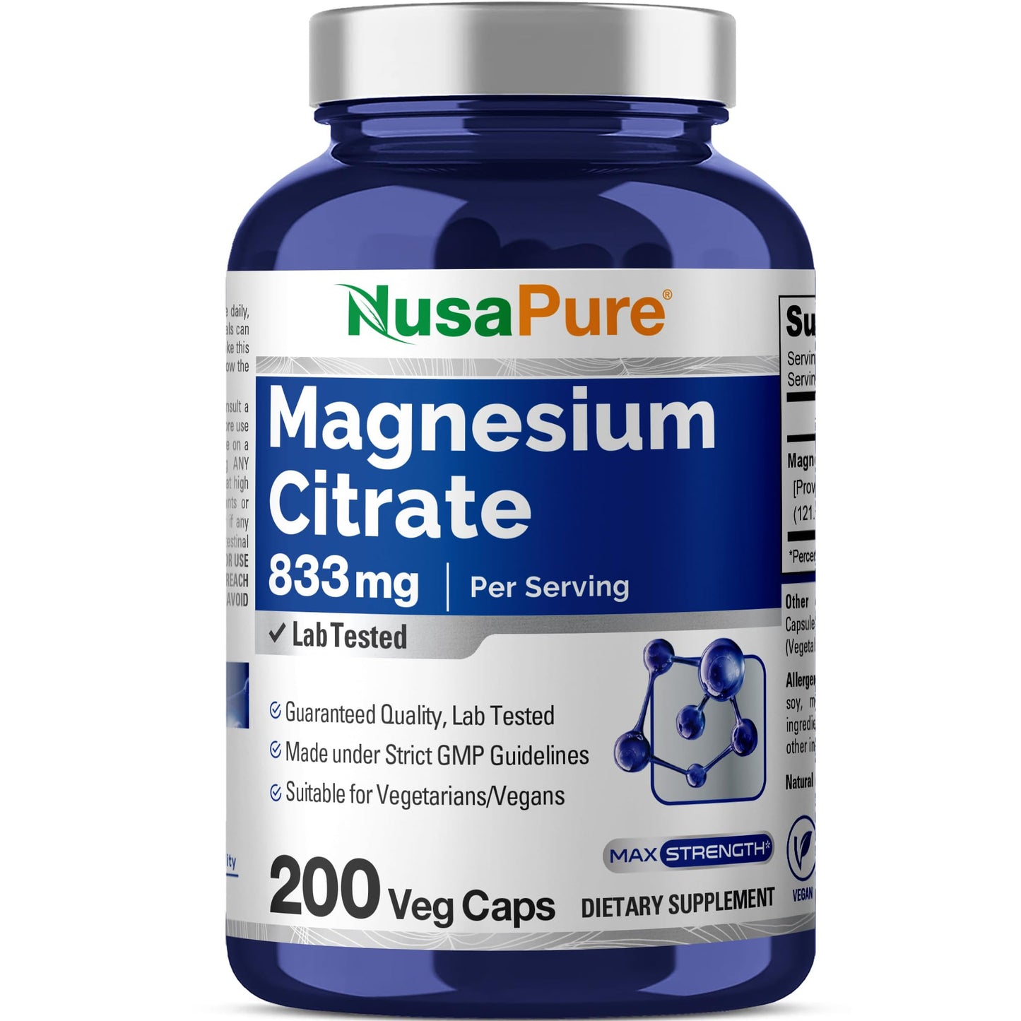 NusaPure Magnesium Citrate 833mg - 200 Veggie Capsules (Vegetarian, Non-GMO, Vegan) - Maple Wellness Supplements