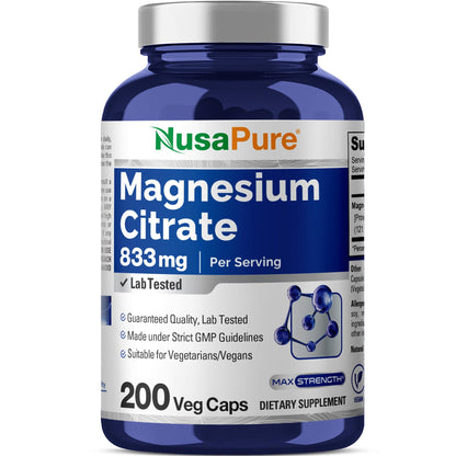 NusaPure Magnesium Citrate 833mg - 200 Veggie Capsules (Vegetarian, Non-GMO, Vegan) - Maple Wellness Supplements