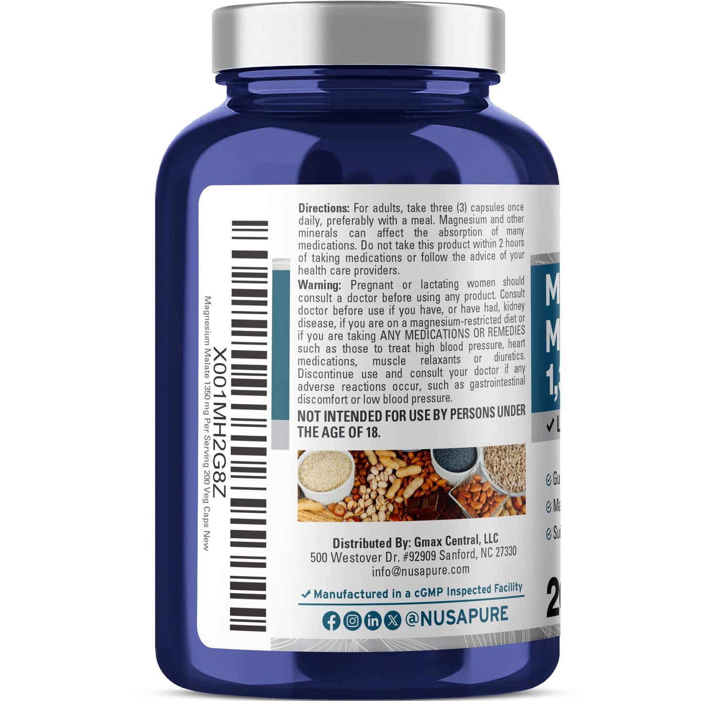 NusaPure Magnesium Malate 1350mg 200 Veggie Capsules (Vegan, Non-GMO, Vegan) - Maple Wellness Supplements