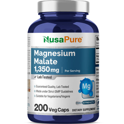 NusaPure Magnesium Malate 1350mg 200 Veggie Capsules (Vegan, Non-GMO, Vegan) - Maple Wellness Supplements