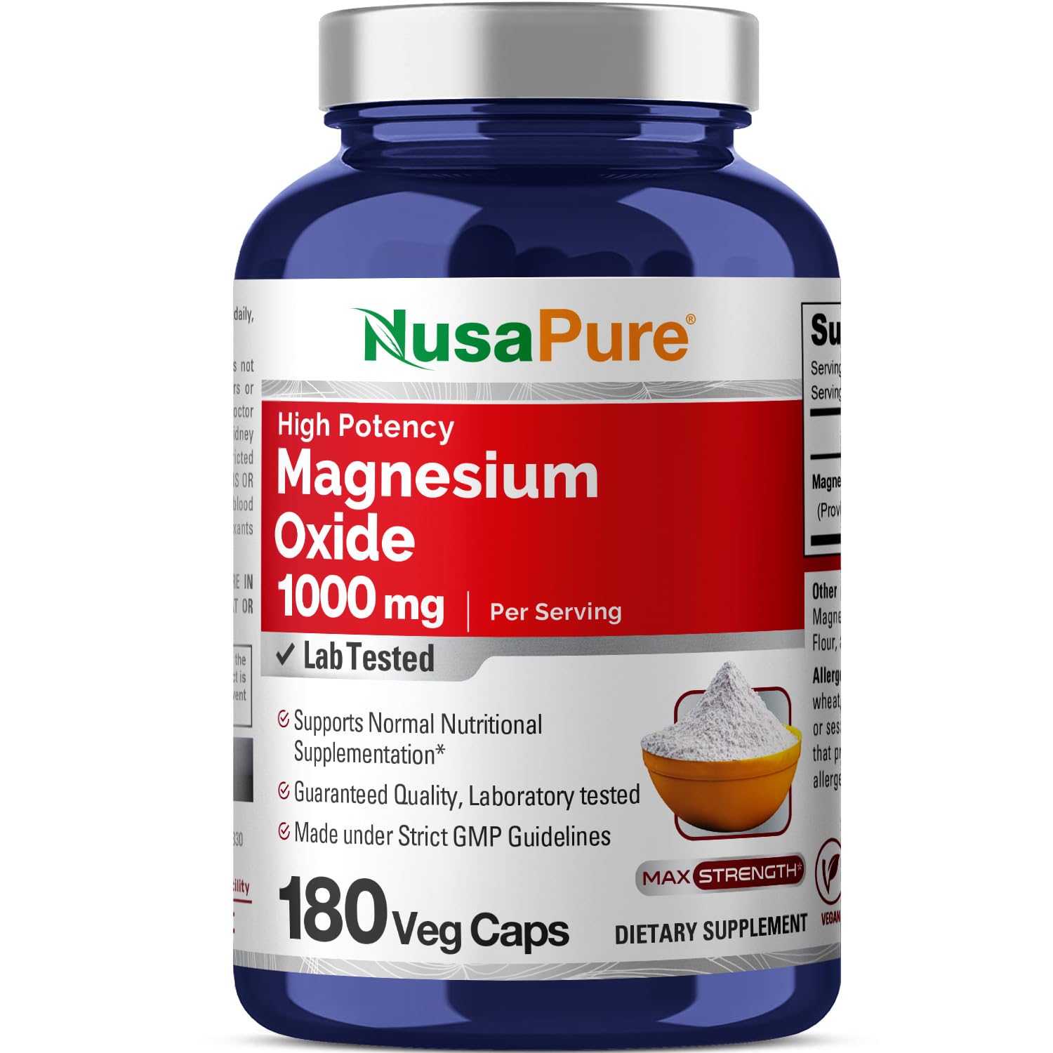 NusaPure Magnesium Oxide 1,000mg per Serving 180 Veggie Caps (Non-GMO, Vegan) - Maple Wellness Supplements