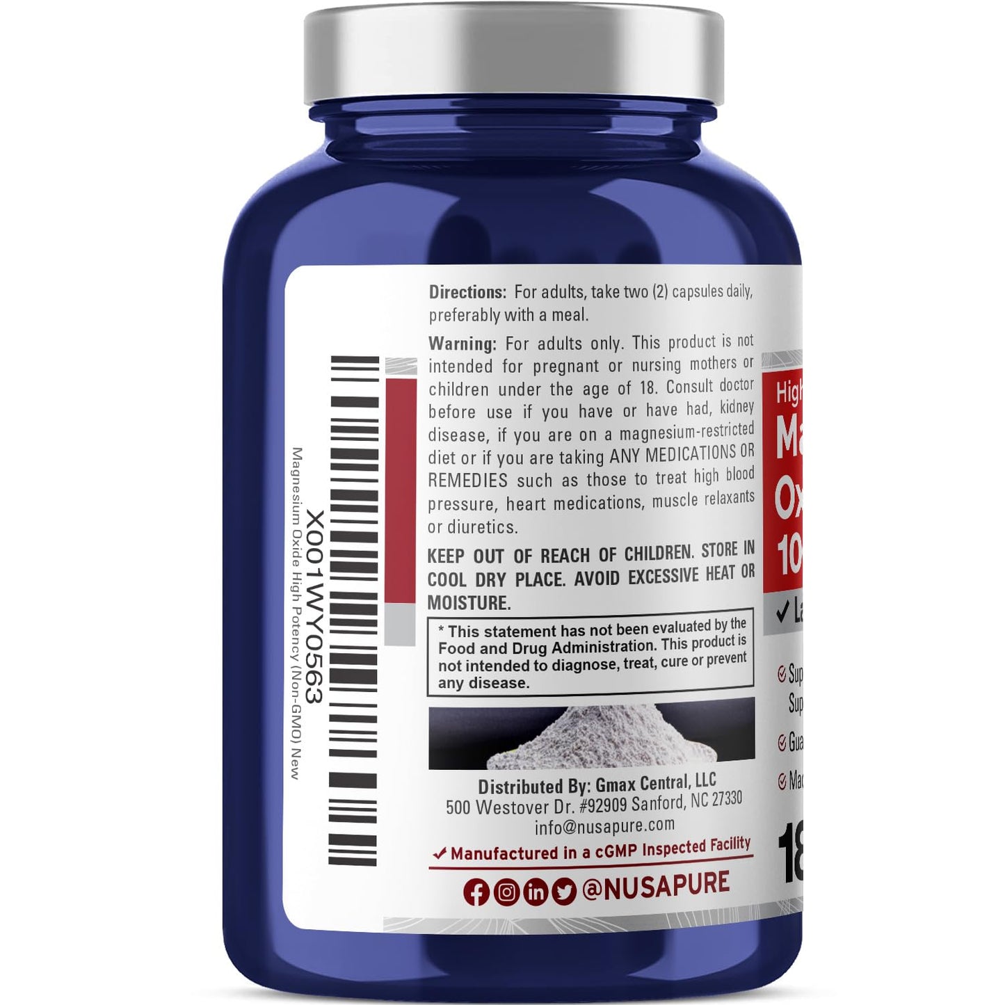 NusaPure Magnesium Oxide 1,000mg per Serving 180 Veggie Caps (Non-GMO, Vegan) - Maple Wellness Supplements