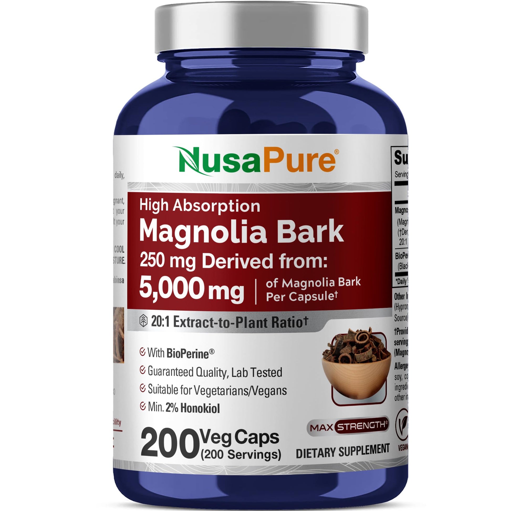 NusaPure Magnolia Bark 20:1 Extract, 250 mg Equivalent to 5,000 mg 200 Vegan Vegetarian Capsules Non-GMO - Maple Wellness Supplements