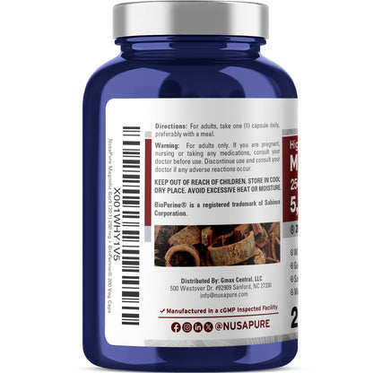 NusaPure Magnolia Bark 20:1 Extract, 250 mg Equivalent to 5,000 mg 200 Vegan Vegetarian Capsules Non-GMO - Maple Wellness Supplements