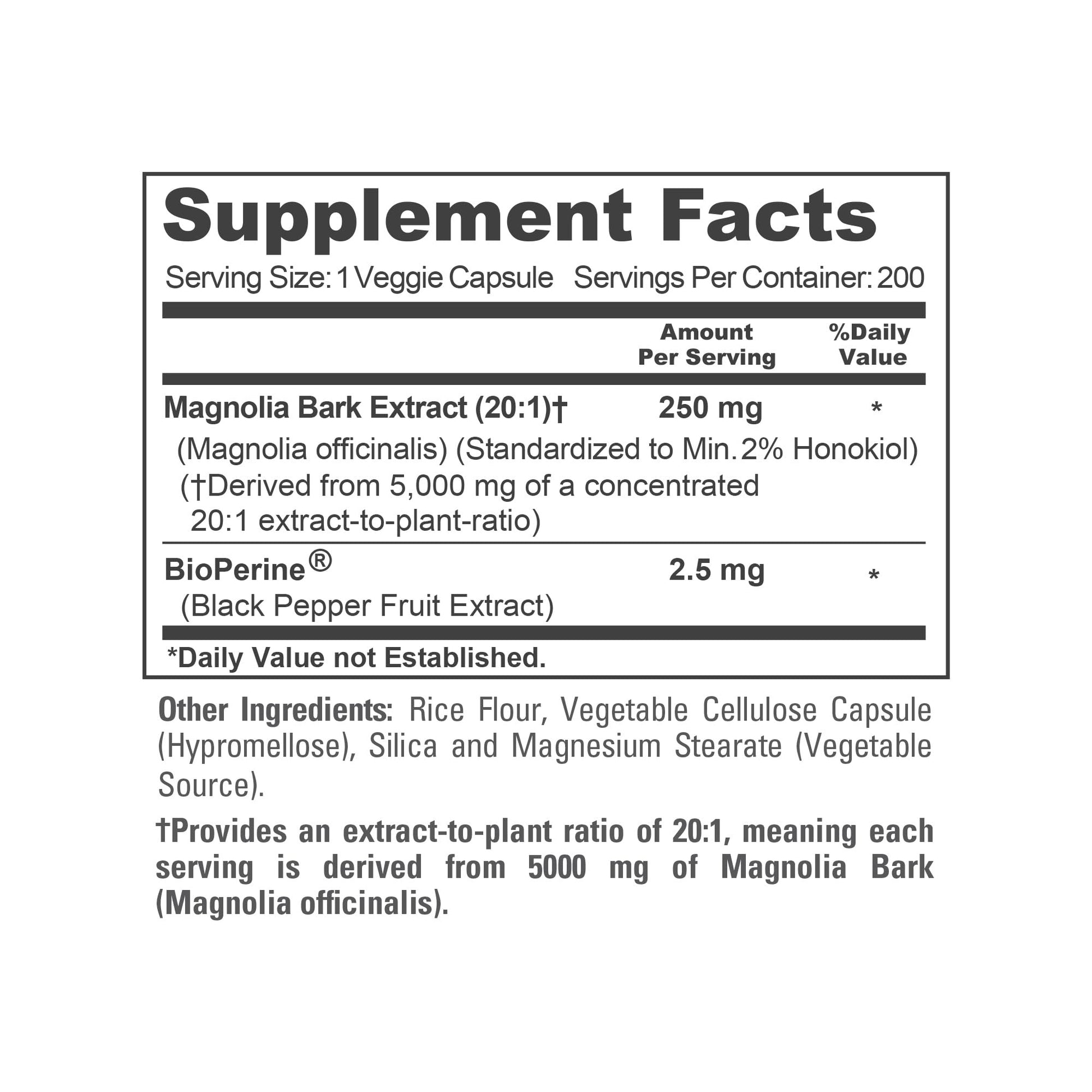 NusaPure Magnolia Bark 20:1 Extract, 250 mg Equivalent to 5,000 mg 200 Vegan Vegetarian Capsules Non-GMO - Maple Wellness Supplements