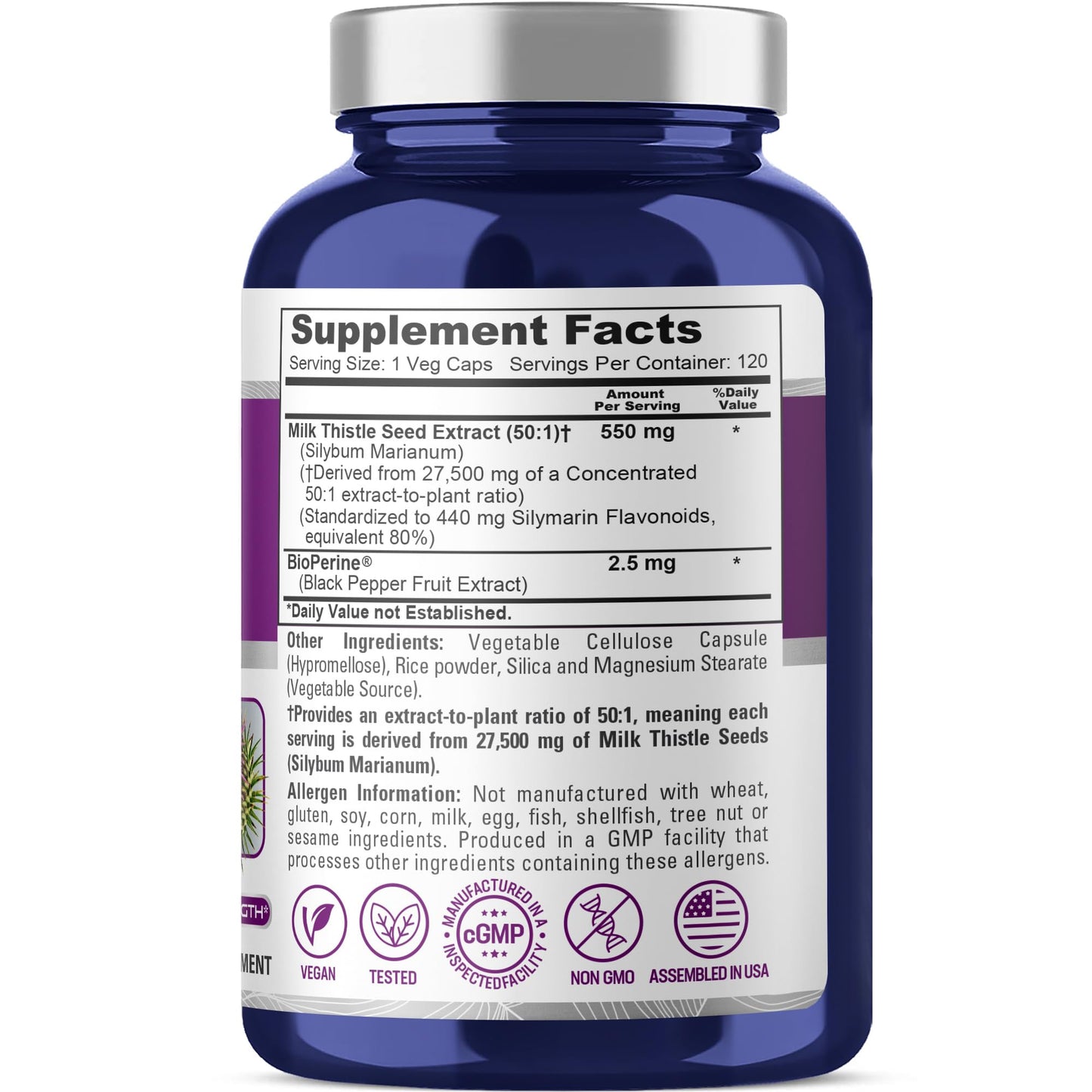 NusaPure Milk Thistle 50:1 Extract, 550 mg Equivalent to 27,500mg 120 Veggie Capsules Non-GMO, Vegan Max Strength - Standardized 80% Silymarin, Bioperine - Maple Wellness Supplements