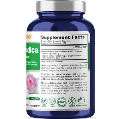 NusaPure Mimosa Pudica Seed 10:1 Extract, 1200 mg Equivalent to 12,000 mg 200 Veg Capsules (Non-GMO, Vegan) - Maple Wellness Supplements