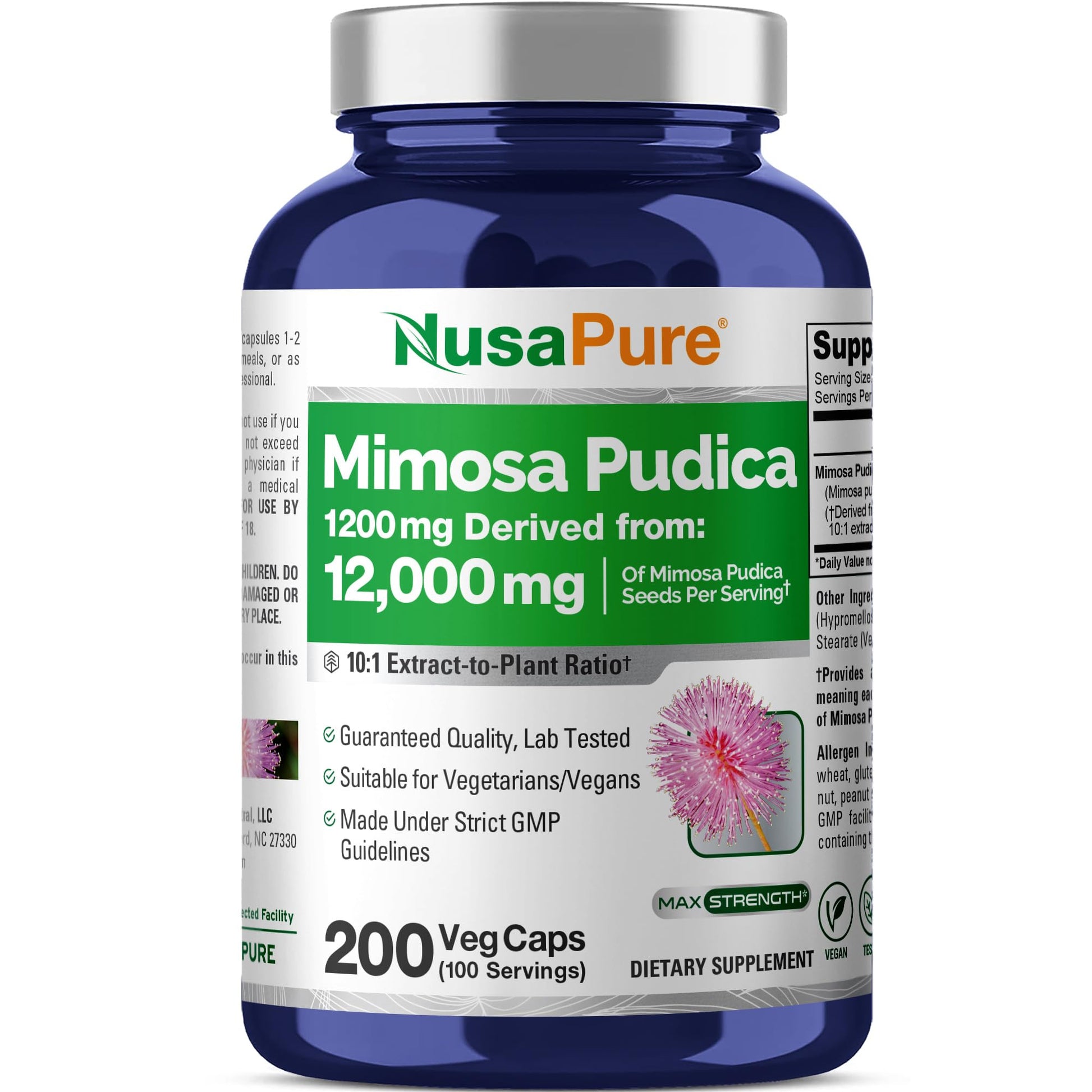 NusaPure Mimosa Pudica Seed 10:1 Extract, 1200 mg Equivalent to 12,000 mg 200 Veg Capsules (Non-GMO, Vegan) - Maple Wellness Supplements