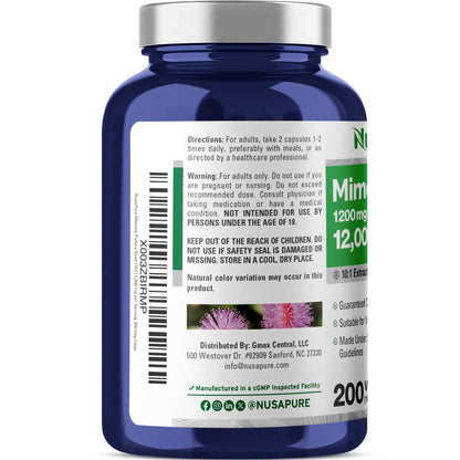 NusaPure Mimosa Pudica Seed 10:1 Extract, 1200 mg Equivalent to 12,000 mg 200 Veg Capsules (Non-GMO, Vegan) - Maple Wellness Supplements