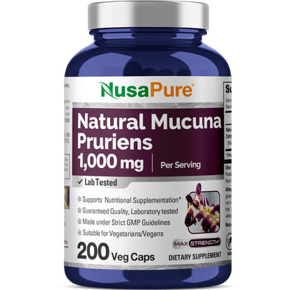 NusaPure Mucuna Pruriens 1000mg 200 Veggie Caps (Non-GMO, 100% Vegetarian, Vegan) - Maple Wellness Supplements