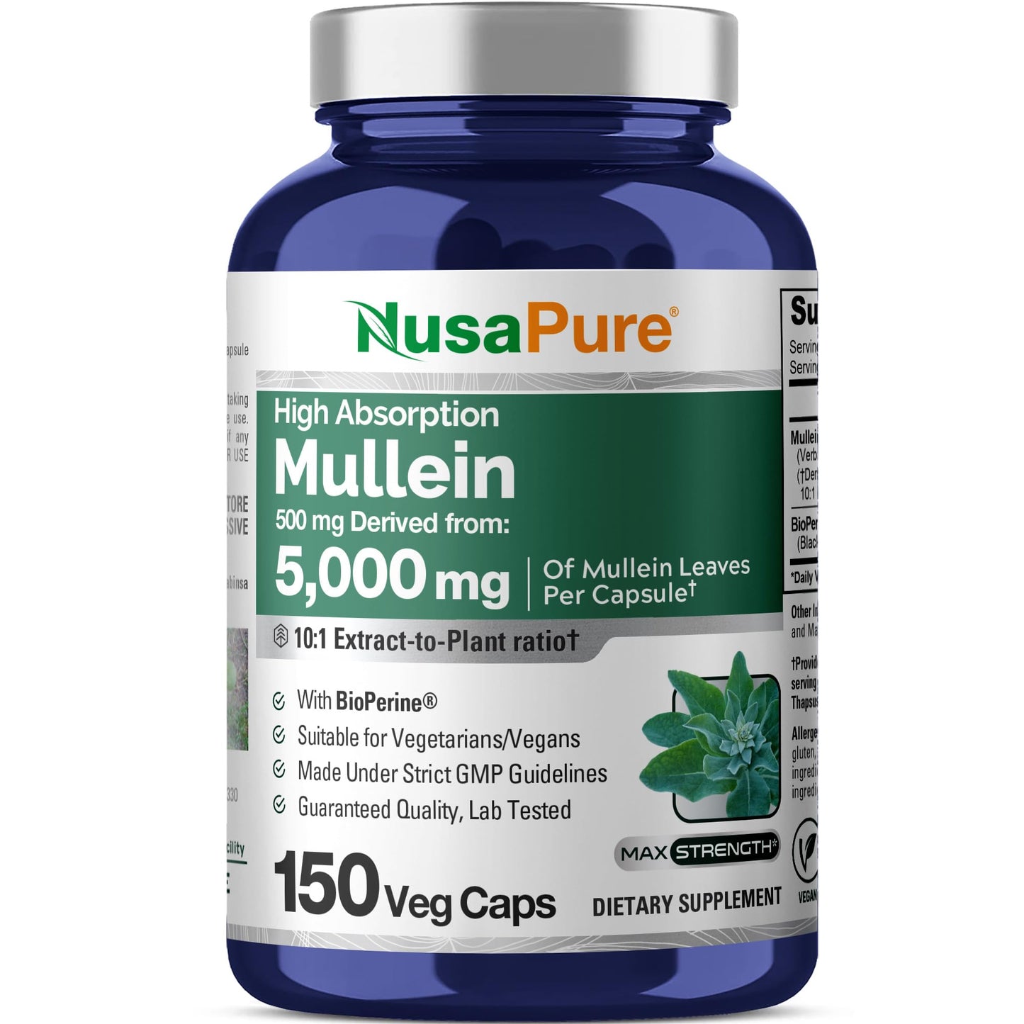 NusaPure Mullein Leaf Capsules 10:1 Extract, 500 mg Equivalent to 5,000 mg per Veggie Caps - 150 Count - Verbascum Thapsus (Non-GMO, Vegan) Dietary Supplement - Maple Wellness Supplements