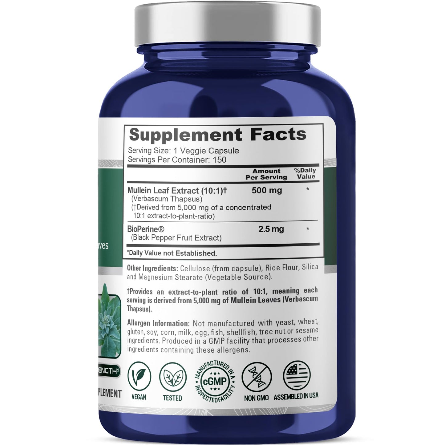 NusaPure Mullein Leaf Capsules 10:1 Extract, 500 mg Equivalent to 5,000 mg per Veggie Caps - 150 Count - Verbascum Thapsus (Non-GMO, Vegan) Dietary Supplement - Maple Wellness Supplements