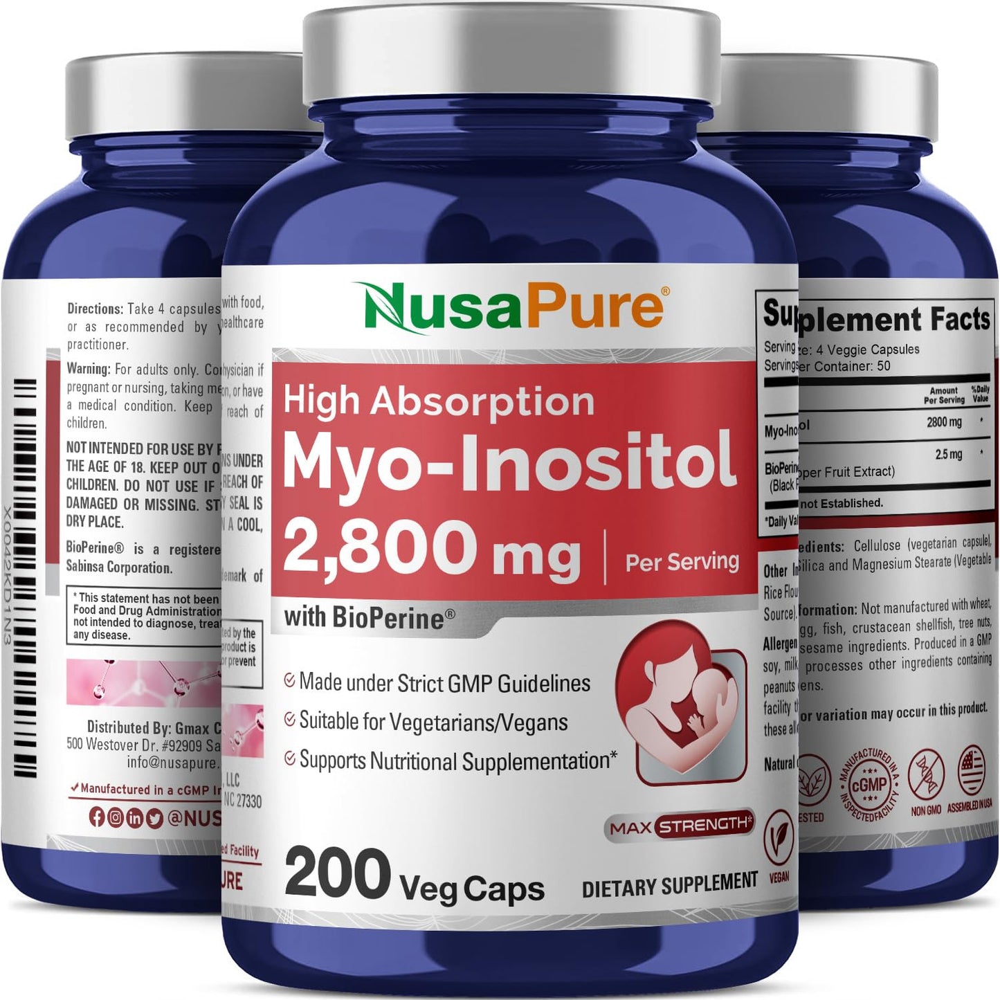 NusaPure Myo-Inositol - Suitable for Vegetarian/Vegan, Non - GMO - 2800mg, 200 Capsules - Maple Wellness Supplements