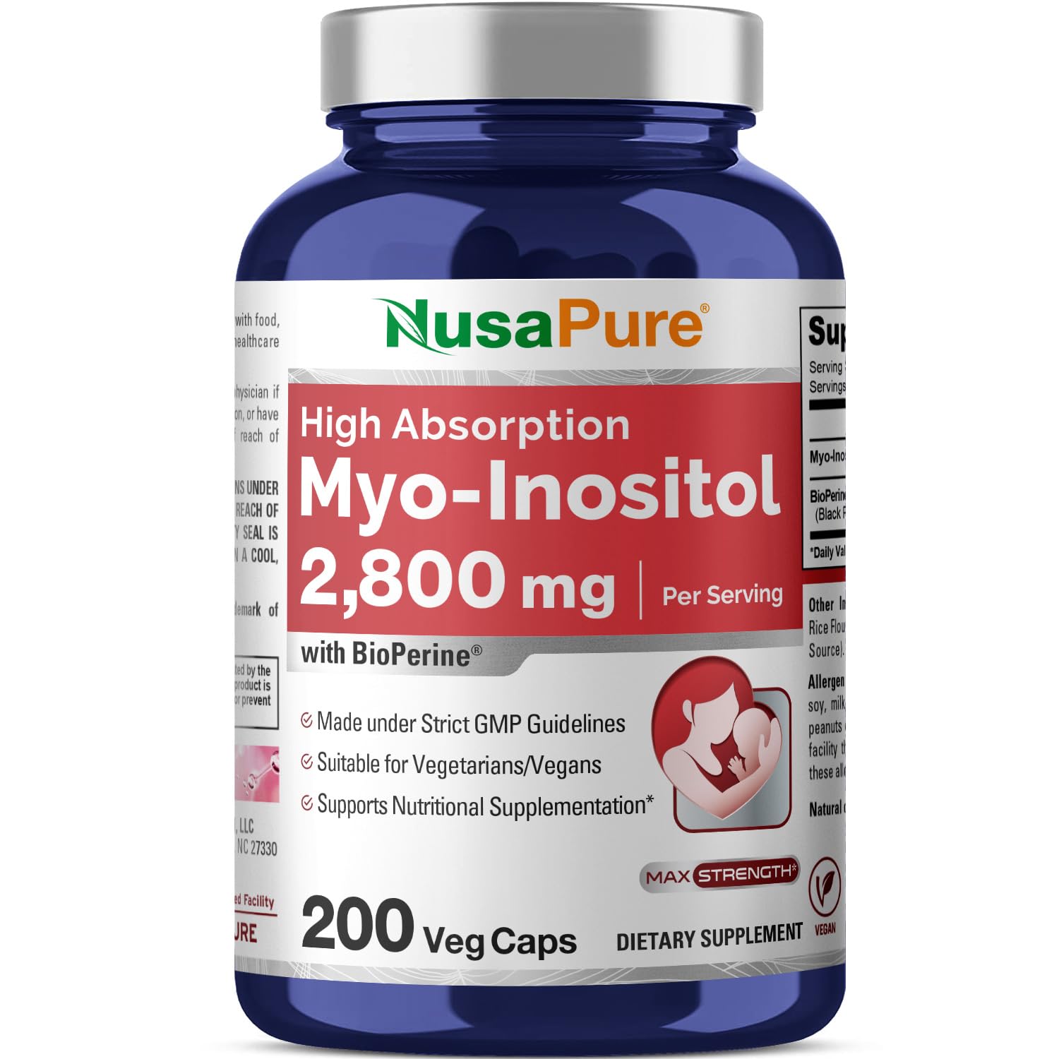 NusaPure Myo-Inositol - Suitable for Vegetarian/Vegan, Non - GMO - 2800mg, 200 Capsules - Maple Wellness Supplements