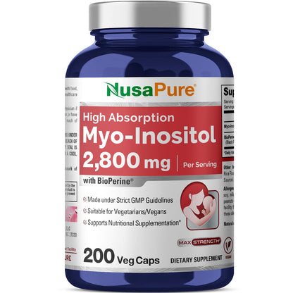 NusaPure Myo-Inositol - Suitable for Vegetarian/Vegan, Non - GMO - 2800mg, 200 Capsules - Maple Wellness Supplements