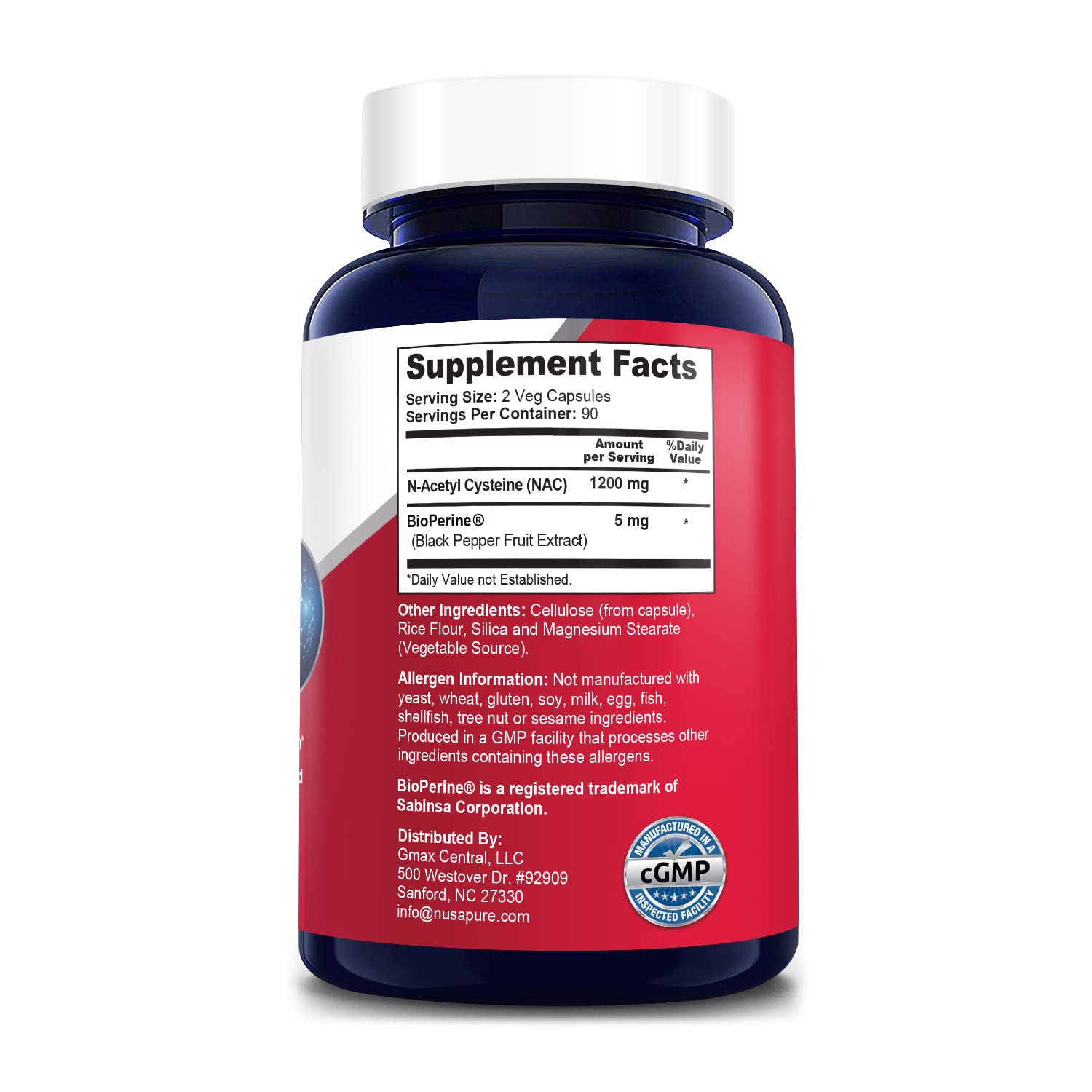 NusaPure N-Acetyl Cysteine (NAC) 1200mg 180 Veggie Caps (Vegetarian, Non-GMO, Gluten Free) Bioperine - Maple Wellness Supplements