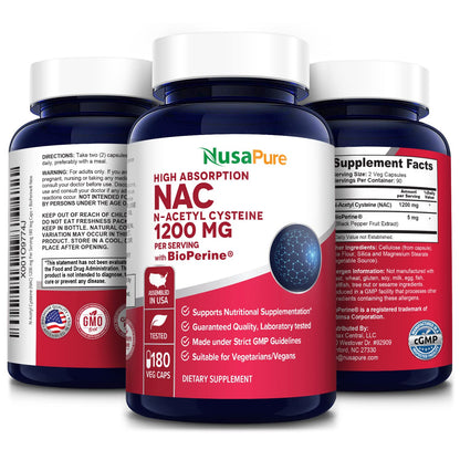 NusaPure N-Acetyl Cysteine (NAC) 1200mg 180 Veggie Caps (Vegetarian, Non-GMO, Gluten Free) Bioperine - Maple Wellness Supplements