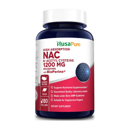 NusaPure N-Acetyl Cysteine (NAC) 1200mg 180 Veggie Caps (Vegetarian, Non-GMO, Gluten Free) Bioperine - Maple Wellness Supplements