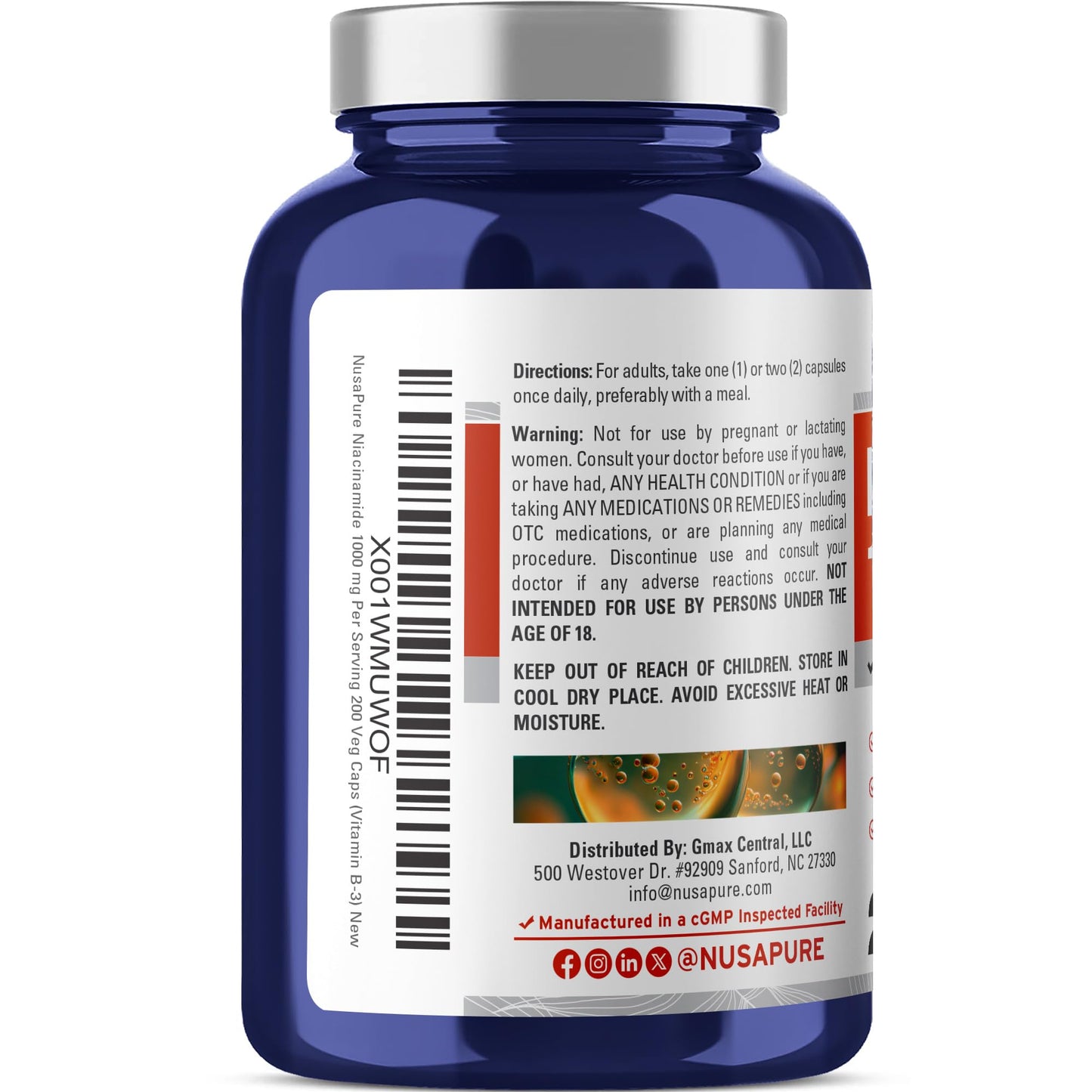 NusaPure Niacinamide 1000mg 200 Veggie Capsules (Non-GMO, Vegan) Flush Free - Maple Wellness Supplements